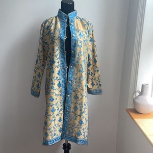Mandarin collar embroidered raw silk kimono duster coat